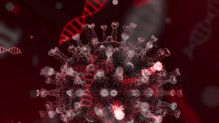 Fototapeta premium 3D visualization of the coronavirus. Pathogens, and dna strand shown as round azure cell with spikes and DNA helixes around it on black background. Animated concept of dangerous virus strain. 3d