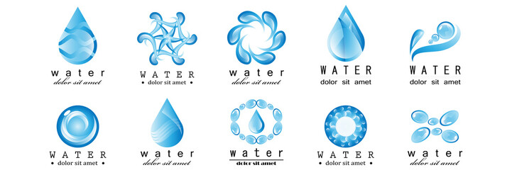 Water Splash Vector And Drop Set - Isolated On White. Abstract Vector Collection Of Flat Water Splash and Drop Logo. Icons For Droplet, Water Wave, Rain, Raindrop, Company Logo And Bubble Design