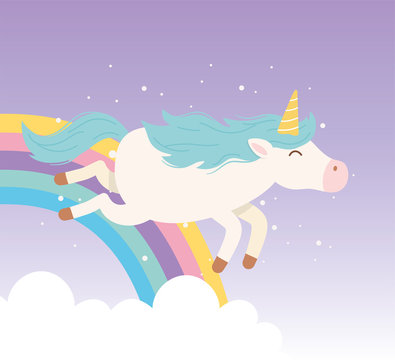 unicorn flying rainbow clouds magical fantasy cartoon cute animal