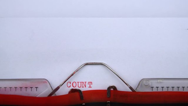 Counterclaim - word printed on an old typewriter in red letters, close up. vintage inscription