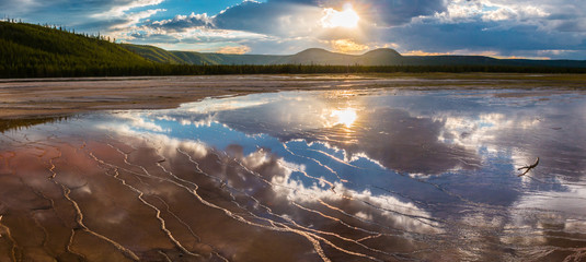 Sunset Reflections at Grand Prismatic Springs, Midway Geyser Basin,Yellowstone National Park, Wyoming, USA