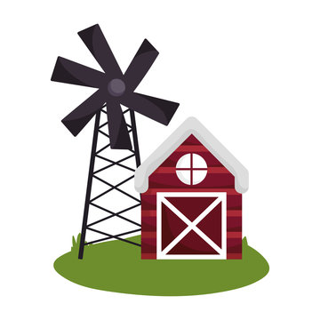 farm animals wooden barn and windmill grass cartoon