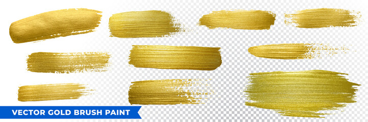 Gold brush paint strokes, vector golden glitter texture smears. Sparkling glow gold paint background and frames for luxury design