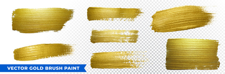 Gold brush paint strokes, vector golden glitter texture smears. Abstract glittering gold paint strokes set on transparent background