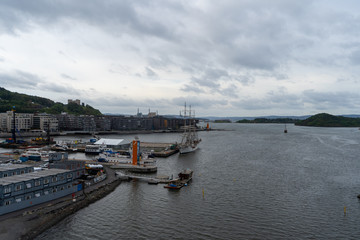 Fototapeta na wymiar View of the small bay from Opera House in Oslo, Norway. August 2019