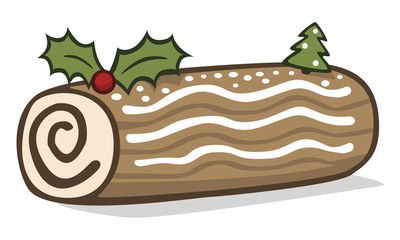 Vector drawing of a chocolate Christmas log with a berry, a spruce tree, sprinkles and poinsettia leaves. Drawn in a cute style with flat colors and isolated on white with a shadow.