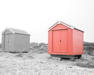 Findhorn, Scotland - July 2016: Colourful beach huts along the coast at Findhorn Bay in Northern...