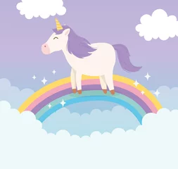Tuinposter unicorn bright rainbow clouds sky magical fantasy cartoon cute animal © Stockgiu