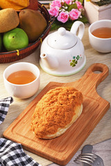 Pork floss bread on wooden tray  