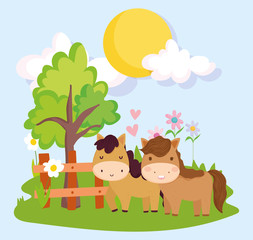 Obraz na płótnie Canvas farm animals couple horses flowers fence and tree
