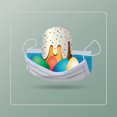Ortodox Easter. Easter cake and eggs in a medical mask. Coronavirus pandemic. COVID-19. Vector illustration.