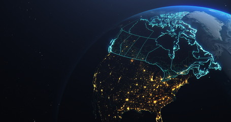 Canada map outline view from space, globe planet earth, teal color, elements of this image courtesy of NASA