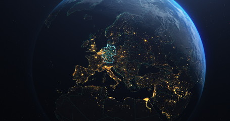 Germany map outline view from space, globe planet earth, teal color, elements of this image courtesy of NASA