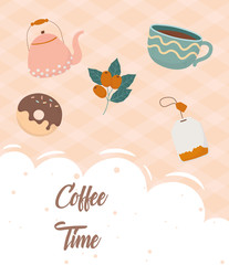 coffee time, donut teapot coffee cup tea bag fresh beverage