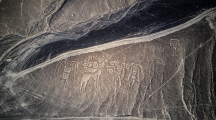Aerial top down view on Palpa lines - created by Paracas people at Nazca desert.