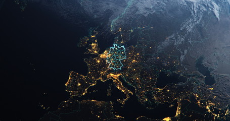 Germany map outline view from space, globe planet earth, teal color, elements of this image courtesy of NASA