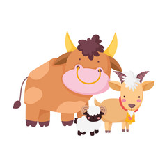 farm animals bull goat sheep cartoon isolated icon on white background