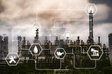 industrial oil refinery plantation engineering factory with smart technology industries lines icon, creating fuel and gas for energy sustainable economy and mechanical tech, supplying fuel resources