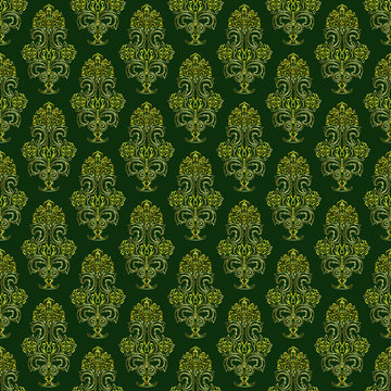 Damask Wallpaper. Gold Vintage Pattern Design On Green Background, Luxury Fabric, Seamless Flower Pattern In Vector