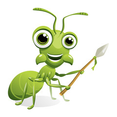 Vector drawing of a funny green ant warrior with big eyes and big mandibles with a pointy spear. Isolated on white.