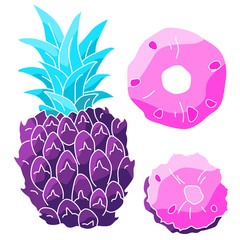 Violet pineapple sticker set on white isolated backdrop. Tropic fruit for gift card, healthy food shop logo, bath tile, juice pack. Phone case or cloth print art. Drawn style stock vector illustration