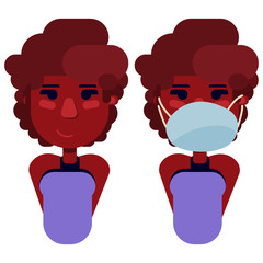 African woman logo set on white isolated backdrop. Afro girl in mask for social banner, hygiene propaganda, medical poster. Social network logo or cloth print art. Flat style stock vector illustration