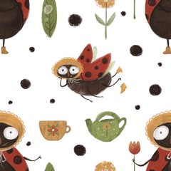 Pattern. Picnic with ladybugs on the white background.