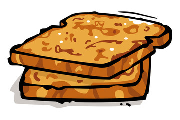 Vector painting of French toasts (2 slices) with a black outline and a shadow isolated on white. Can represent breakfast, cooking at home, bread, sweet food, brunches, restaurants and more.