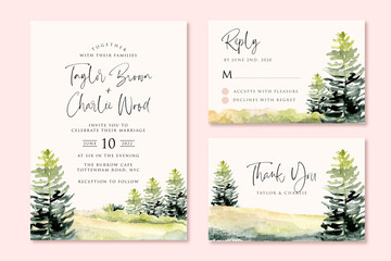 wedding invitation set with green landscape hill and tree watercolor
