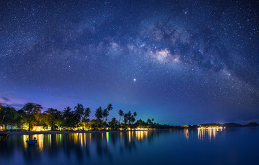 Milky Way galaxy, On Koh Mak Trat, Thailand,Long exposure photograph, with grain.Image contain certain grain or noise and soft focus.