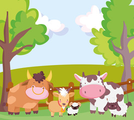 farm animals bull cow goat sheep fence trees cartoon