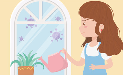 stay at home quarantine, woman with watering can potted plant window