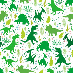 Childish pattern with silhouettes a cute dinosaurs