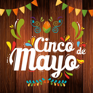 Mexican banner pennant over wood background design, Cinco de mayo mexico culture tourism landmark latin and party theme Vector illustration