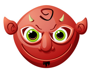 Cartoon red devil head with mean googly eyes, a small beard, pointy ears and little pointy horns. Isolated on white. Can represent religion, Hell or Halloween.