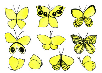 Set of watercolor butterflies isolated on white background, yellow color, abstract. 