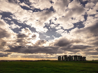 Stonehenge an ancient prehistoric stone monument near Salisbury with dramatic sky, Wiltshire, UK. in England