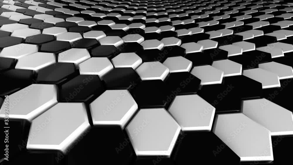 Poster Abstract hexagon white and black geometric surface loop: wavy motion background