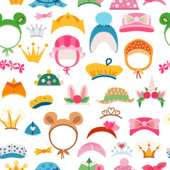 Children cute cartoon kids hats seamless pattern.