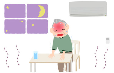 エアコンをつけずに熱中症になる老人のイラスト