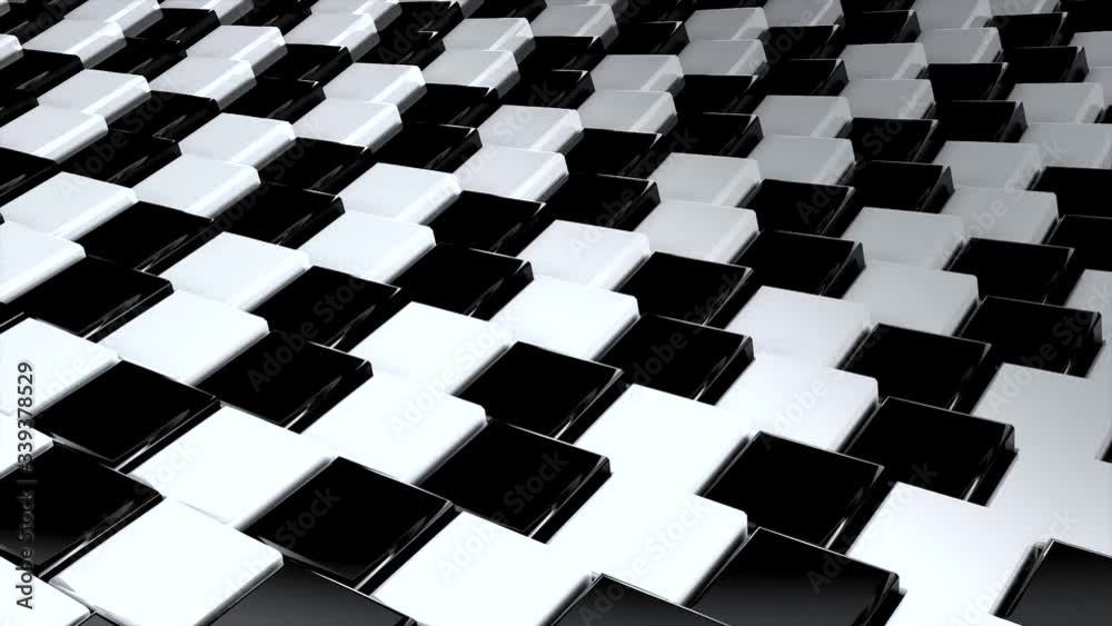 Poster Abstract square black and white geometric surfaces loop: light bright minimal quadrangle pattern, wavy motion background