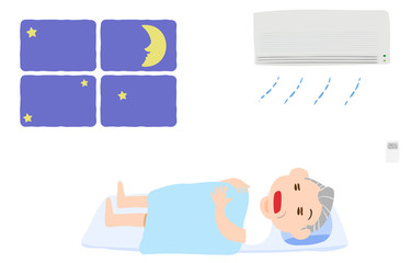 エアコンをつけて眠る老人のイラスト