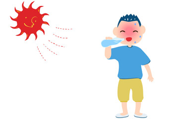 熱中症対策で水を飲む男の子のイラスト