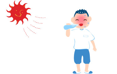 熱中症対策で水を飲む男の子のイラスト