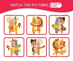 Matching children educational game. Match parts of cute animals. Activity for pre sсhool years kids and toddlers.