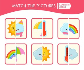 Fototapeta premium Matching children educational game. Match parts of weather conditions. Activity for pre sсhool years kids and toddlers.