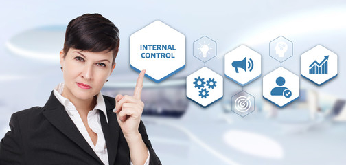 Businessman presses button internal control on virtual screens. Business, Technology, Internet and...