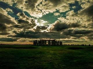 Stonehenge an ancient prehistoric stone monument near Salisbury with dramatic sky, Wiltshire, UK. in England