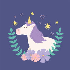 Obraz premium unicorn wreath flowers stars magical fantasy cartoon cute animal