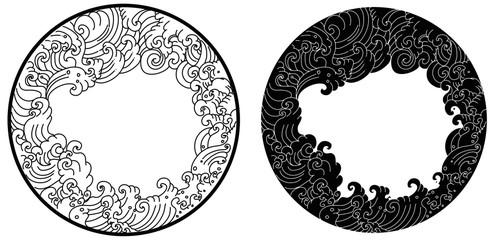 Hand drawn Thai wave in circle.Doodle art style asian ocean wave tattoo.Japanese wave in circle.